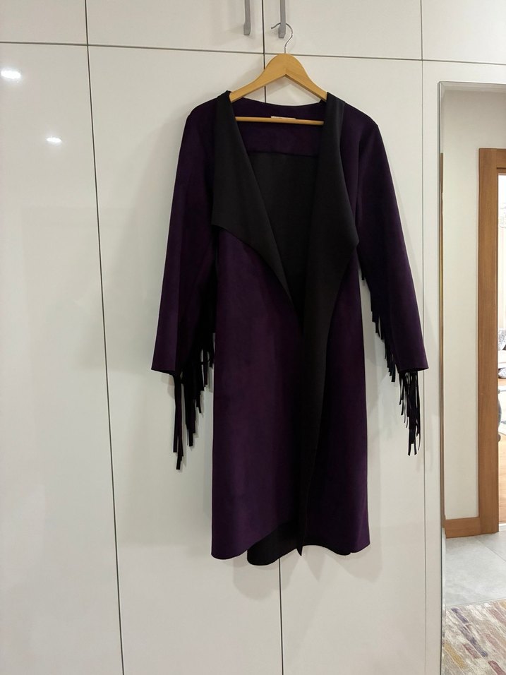 Püsküllü Uzun Mor Kadın Ceket - Görsel 2