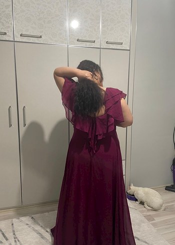 52 Beden Bordo Drapeli Uzun abiye elbise