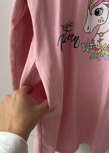 Pembe Unicorn Baskılı Uzun Kollu Kız Elbisesi - Görsel 2