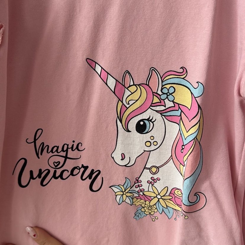 Pembe Unicorn Baskılı Uzun Kollu Kız Elbisesi - Görsel 3