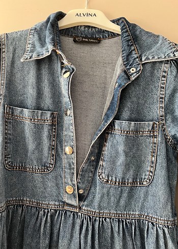 Düğmeli Gri Kadın Denim uzun elbise
