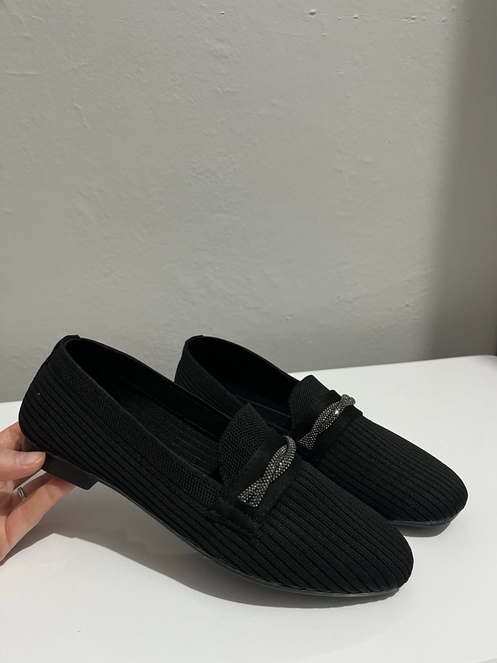 Düz Tabanlı Siyah Triko Kadın Babet - Görsel 2