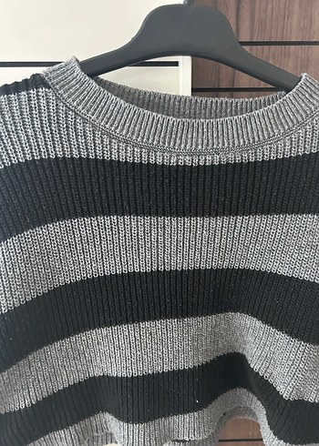 Gri Siyah Çizgili Örgü Kadın Kazak - Görsel 2