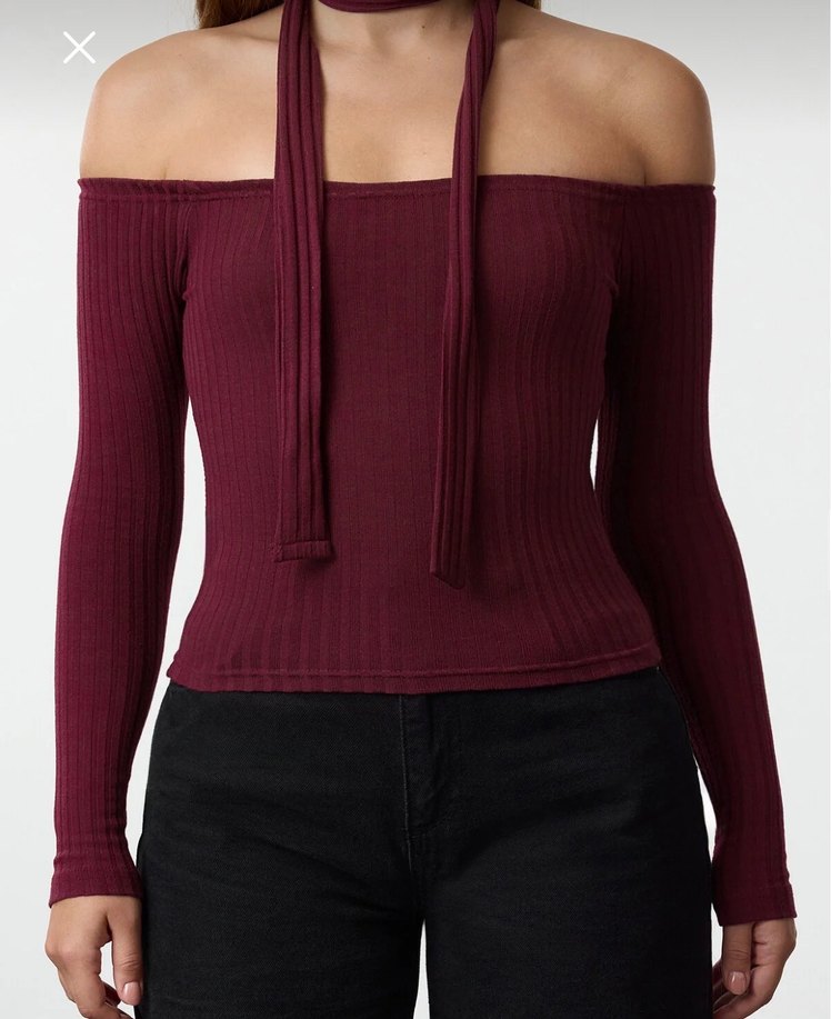 Bordo Halter Yaka Strappy Kadın Bluz - Görsel 3