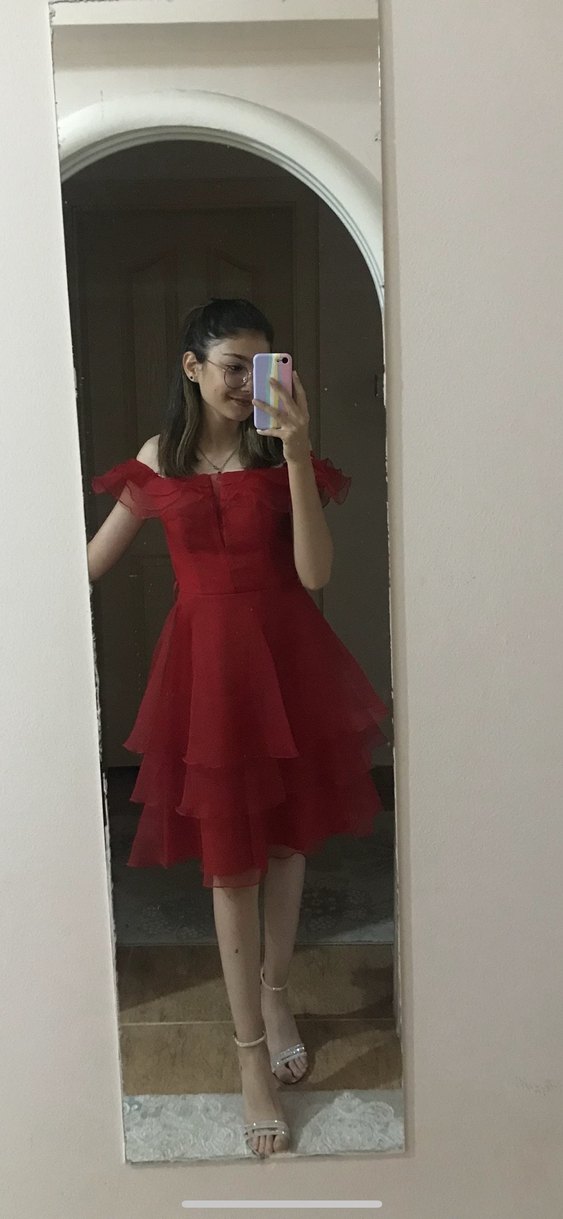 Kırmızı Mini Straplez Fırfırlı Elbise - Görsel 2