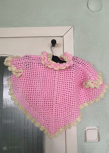 Dantel Detaylı Pembe Kız Çocuk Panço - Görsel 2