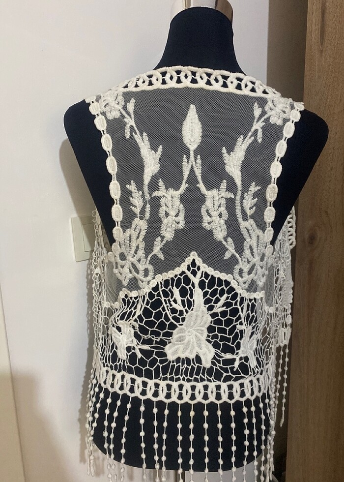 Güpürlü tül yelek kırık beyaz - Görsel 4