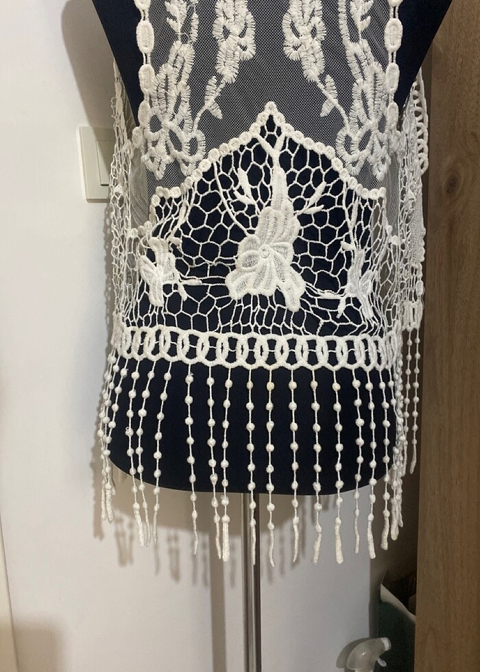 Güpürlü tül yelek kırık beyaz - Görsel 5