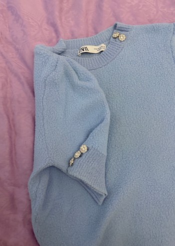 Mavi Kısa Kollu Kadın Triko Kazak - Görsel 3