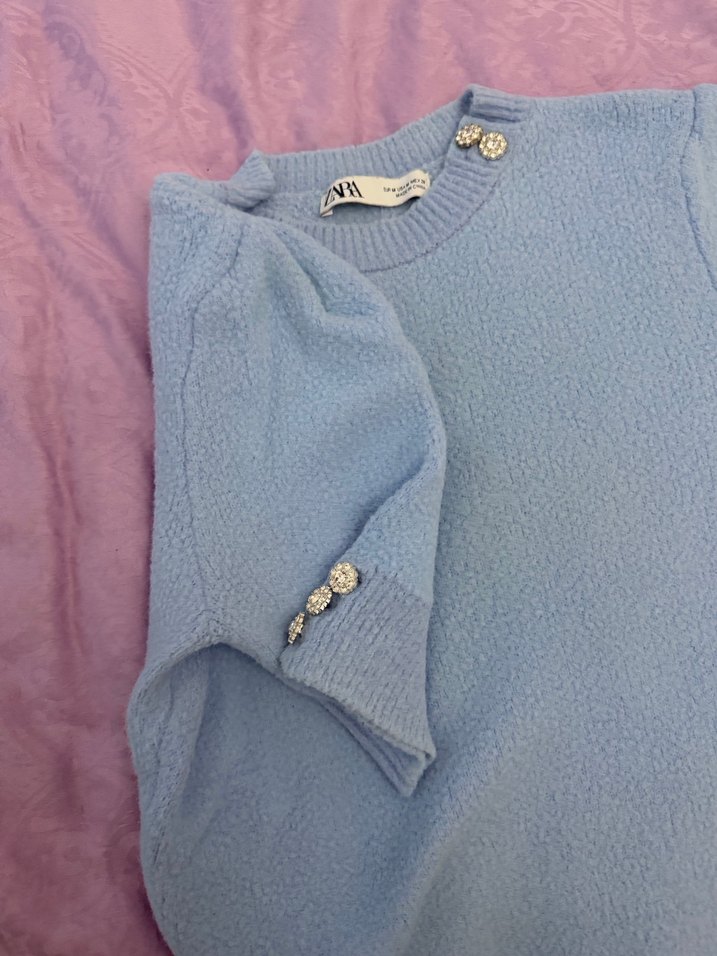 Mavi Kısa Kollu Kadın Triko Kazak - Görsel 3