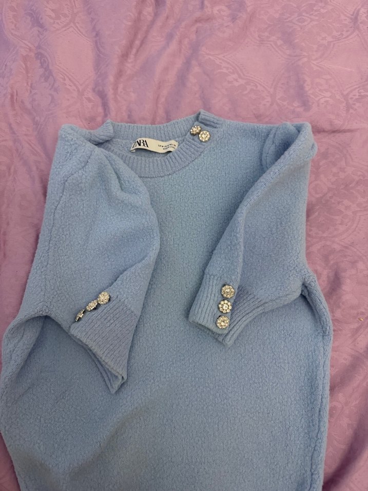 Mavi Kısa Kollu Kadın Triko Kazak - Görsel 4