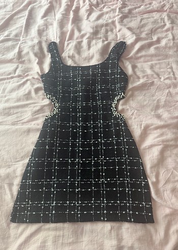 İnci Detaylı Siyah Midi Abiye Elbise - Görsel 4