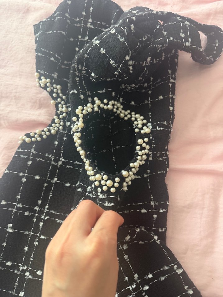 İnci Detaylı Siyah Midi Abiye Elbise - Görsel 2