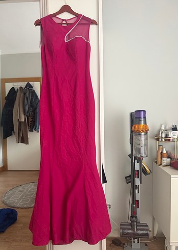 Pembe V Yakalı Drapeli Midi Abiye Elbise - Görsel 3