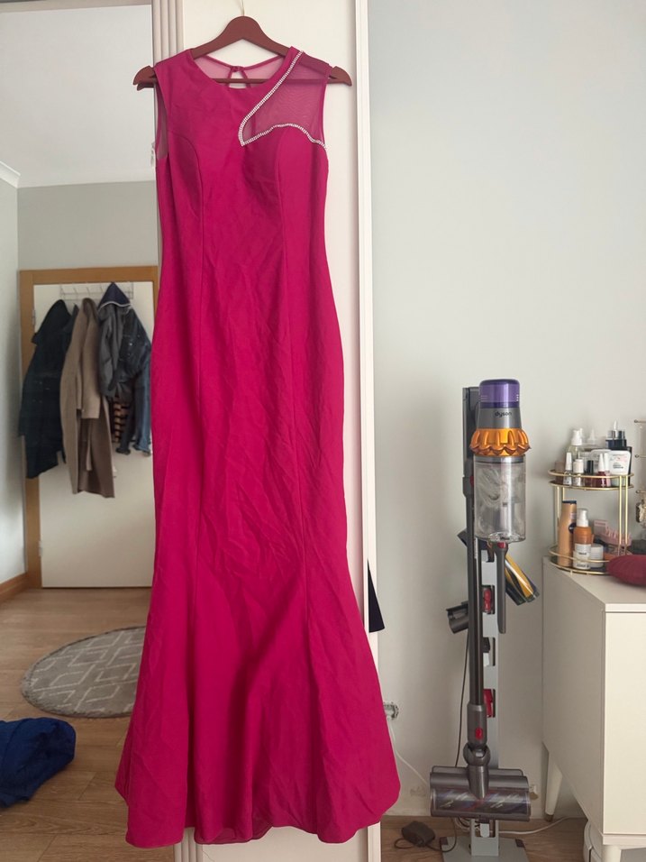 Pembe V Yakalı Drapeli Midi Abiye Elbise - Görsel 3