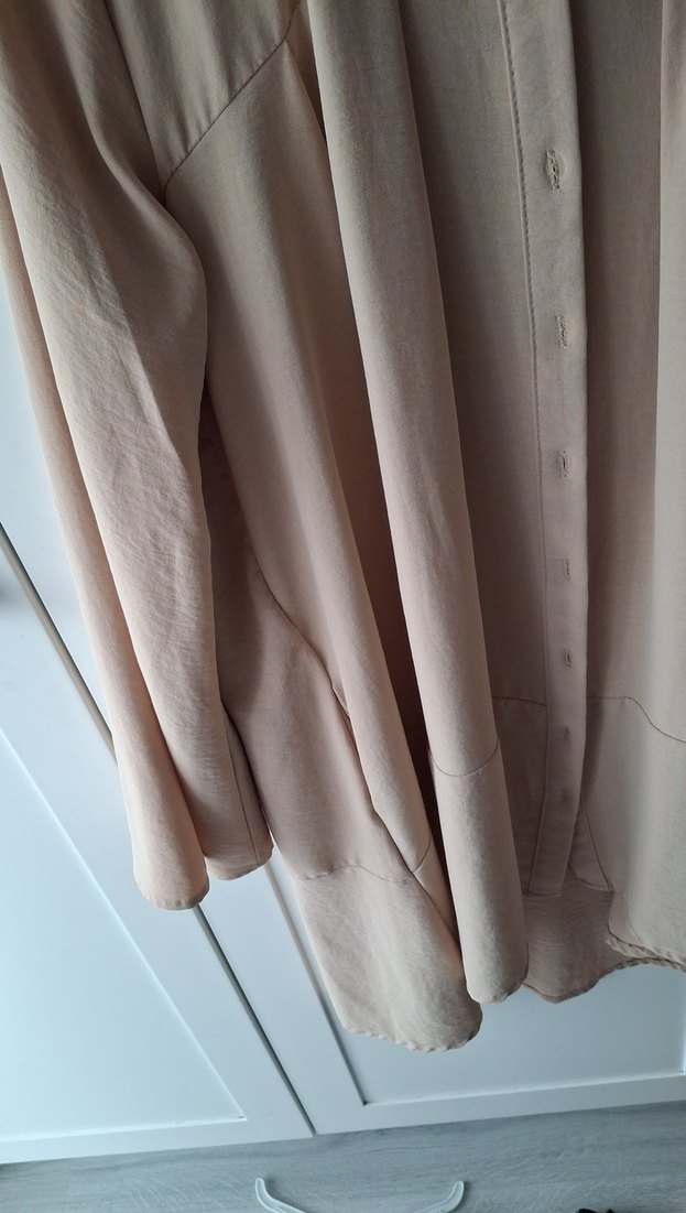 Bej Düğmeli Kadın Keten Gömlek tunik cepli - Görsel 3