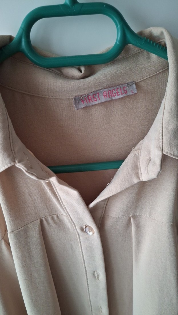 Bej Düğmeli Kadın Keten Gömlek tunik cepli - Görsel 2