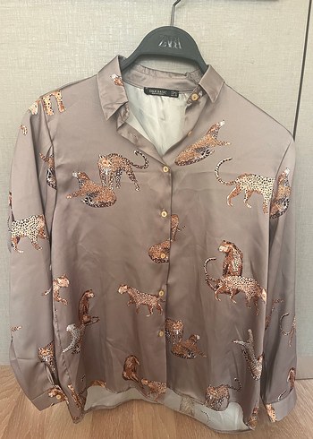 Leopar Desenli Uzun Kollu Kadın saten Gömlek