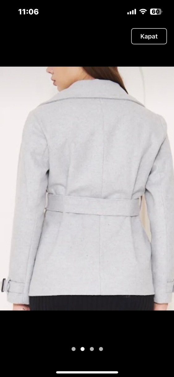 Kemerli Gri Kısa Kadın Kaban - Görsel 2