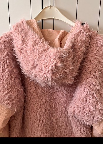 Pembe Kapüşonlu Kadın Peluş Ceket - Görsel 4