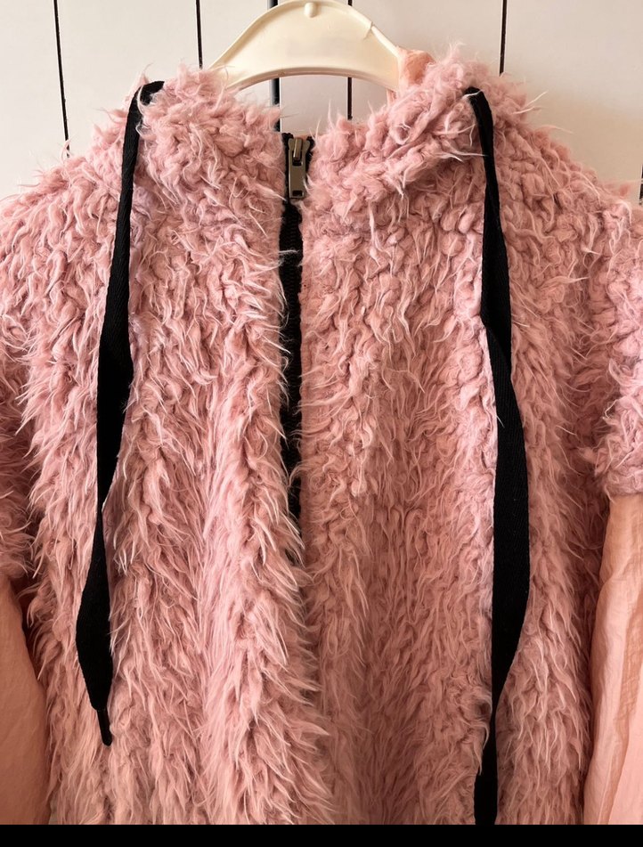 Pembe Kapüşonlu Kadın Peluş Ceket - Görsel 2