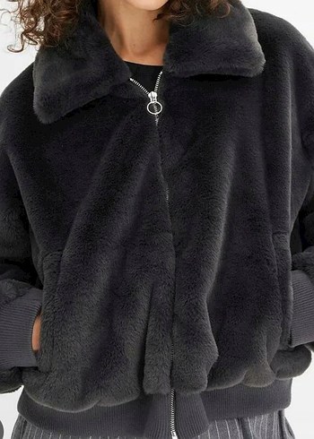 Gri Peluş Kadın Ceket Yakalı Rahat Kesim - Görsel 2