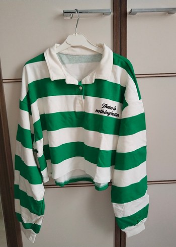 xl Beden Polo yaka çizgili crop top sweatshirt