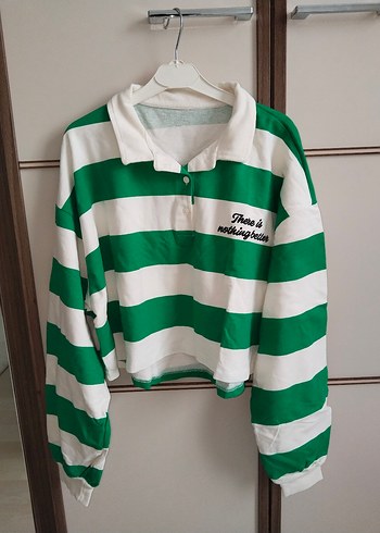 xl Beden yeşil Renk Polo yaka çizgili crop top sweatshirt