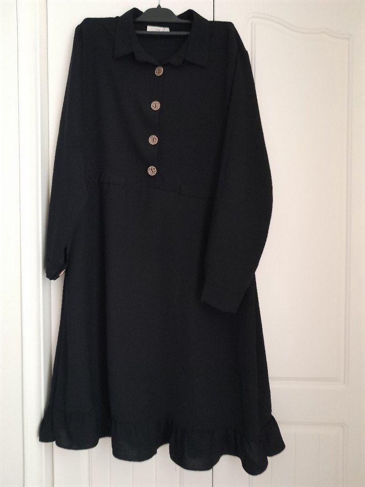 Siyah Uzun Keten Düğmeli Ofis Elbisesi - Görsel 2