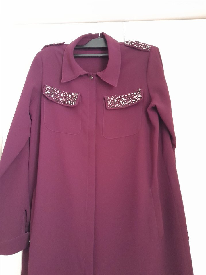 Bordo Uzun Kollu Drapeli Kadın Pardesü - Görsel 3