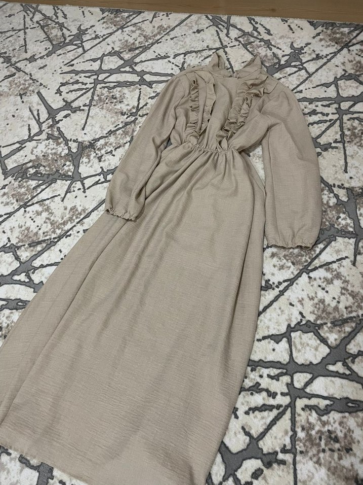 Bej Bohem Uzun Keten Elbise - Görsel 3