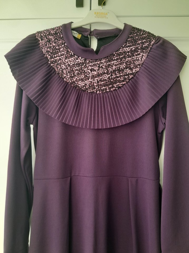 Uzun Mor Pilili Kadın Elbise - Görsel 3
