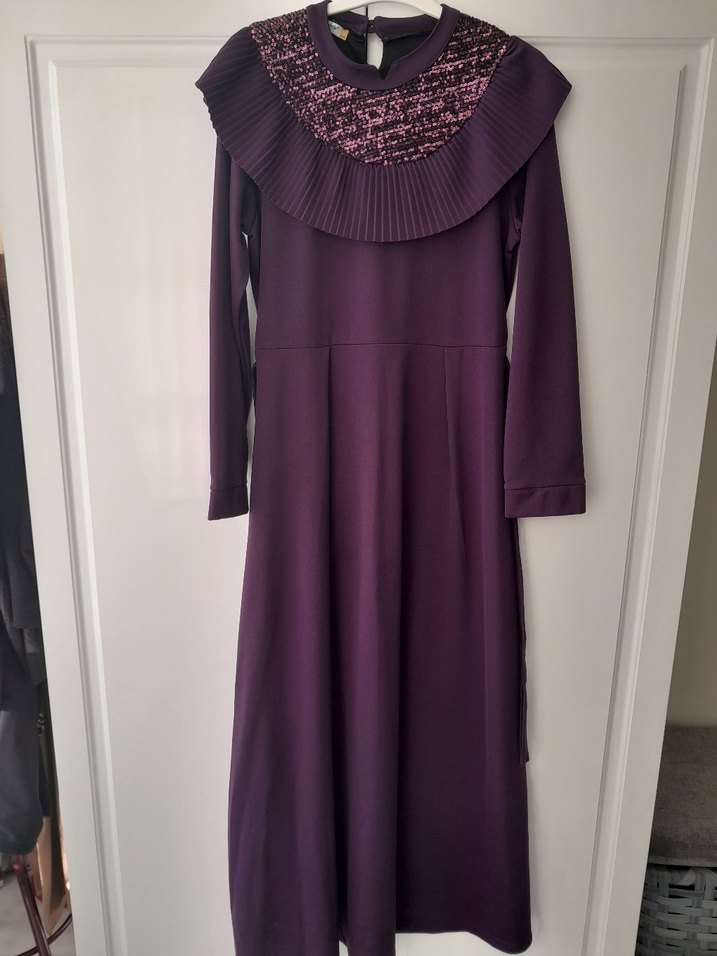Uzun Mor Pilili Kadın Elbise - Görsel 5