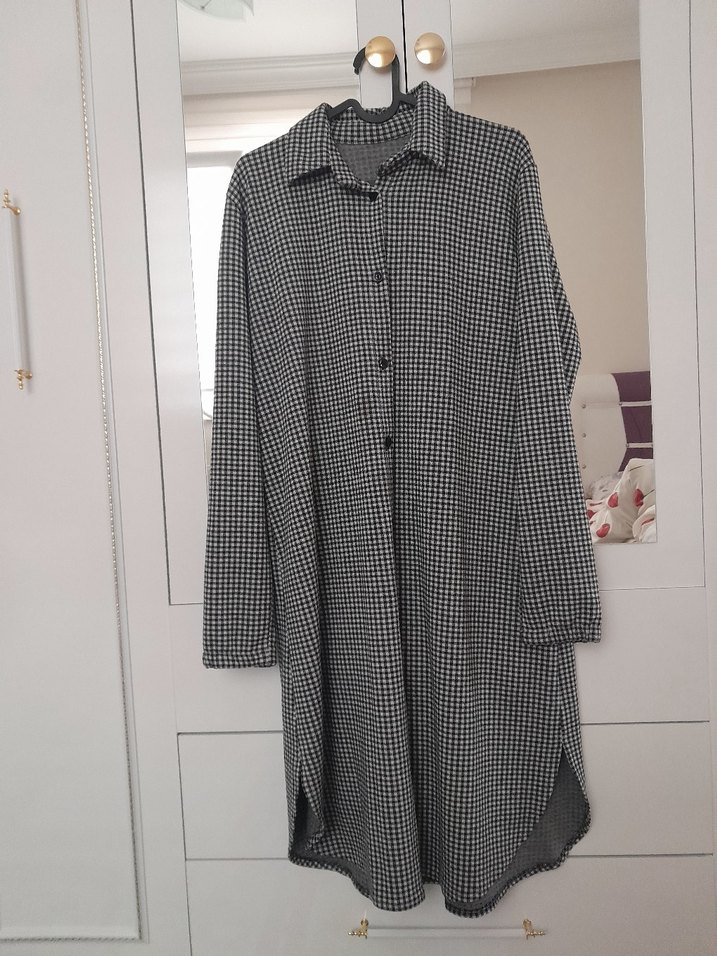 Gri Ekose Desenli Düğmeli  Uzun tunik - Görsel 5