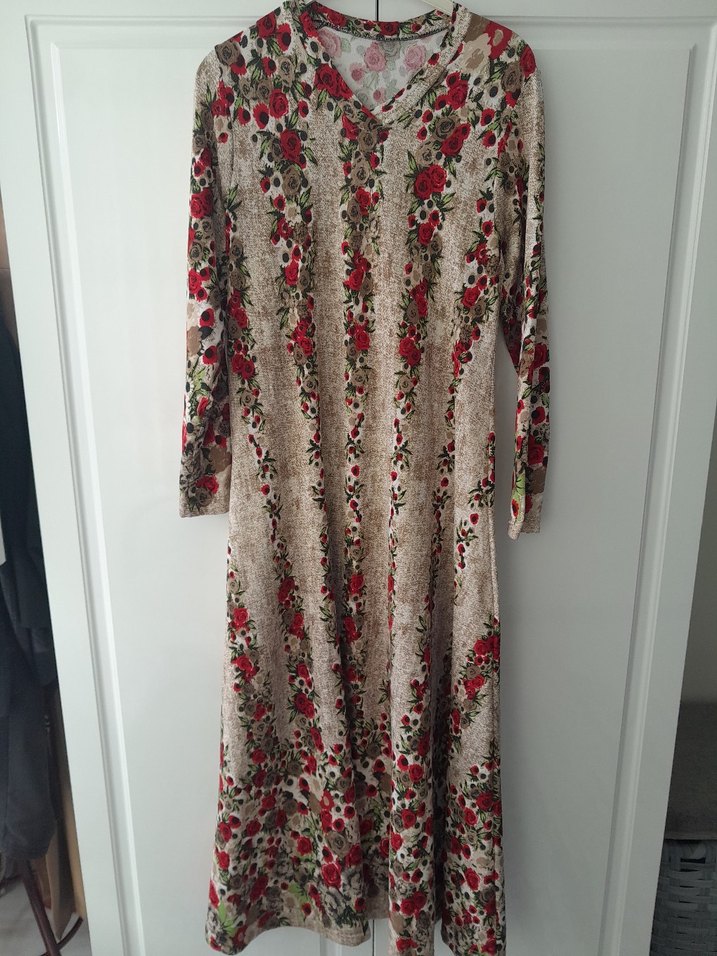 Bej Çiçek Desenli Uzun Bohem Elbise - Görsel 2