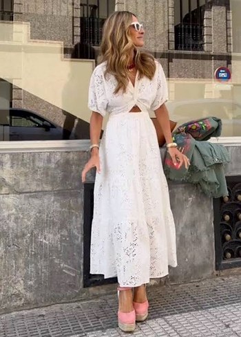 Zara Bohem Stil Beyaz Dantel İşlemeli Uzun Elbise - Görsel 2