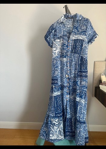 xs Beden lacivert Renk ZaraBohem Tarzı Kemerli Uzun Denim Elbise