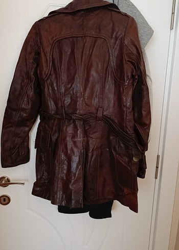 Kahverengi Uzun Deri Kadın Ceket Boynerden alındı hakiki deri - Görsel 3