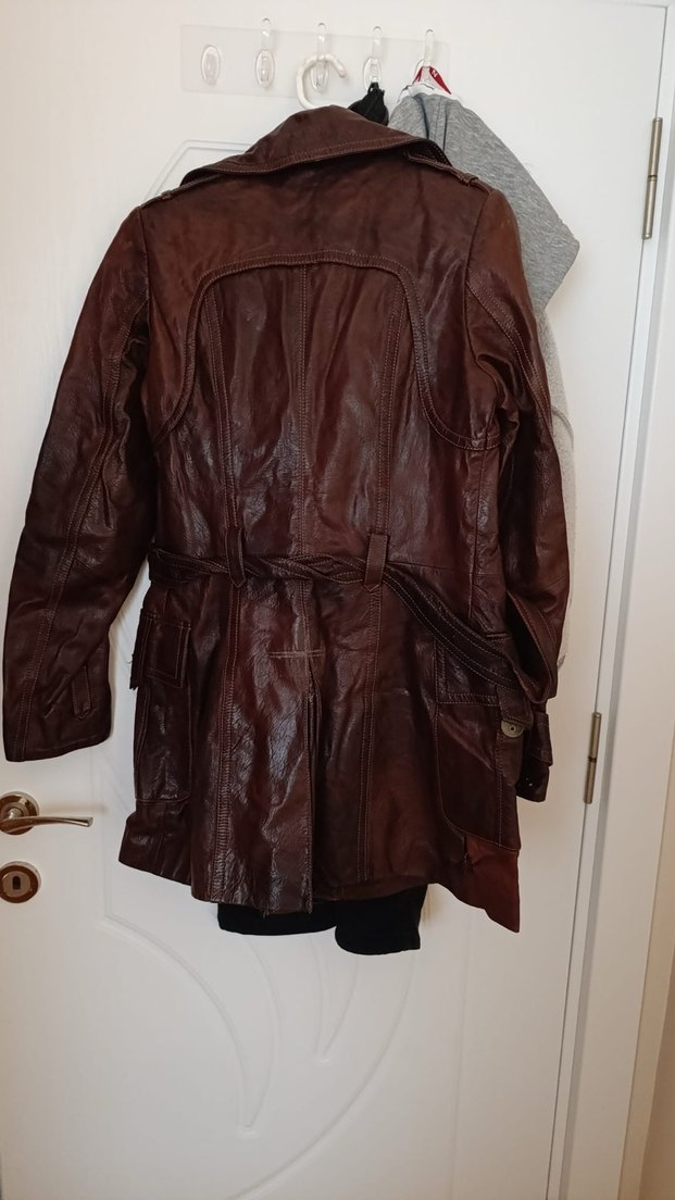 Kahverengi Uzun Deri Kadın Ceket Boynerden alındı hakiki deri - Görsel 3