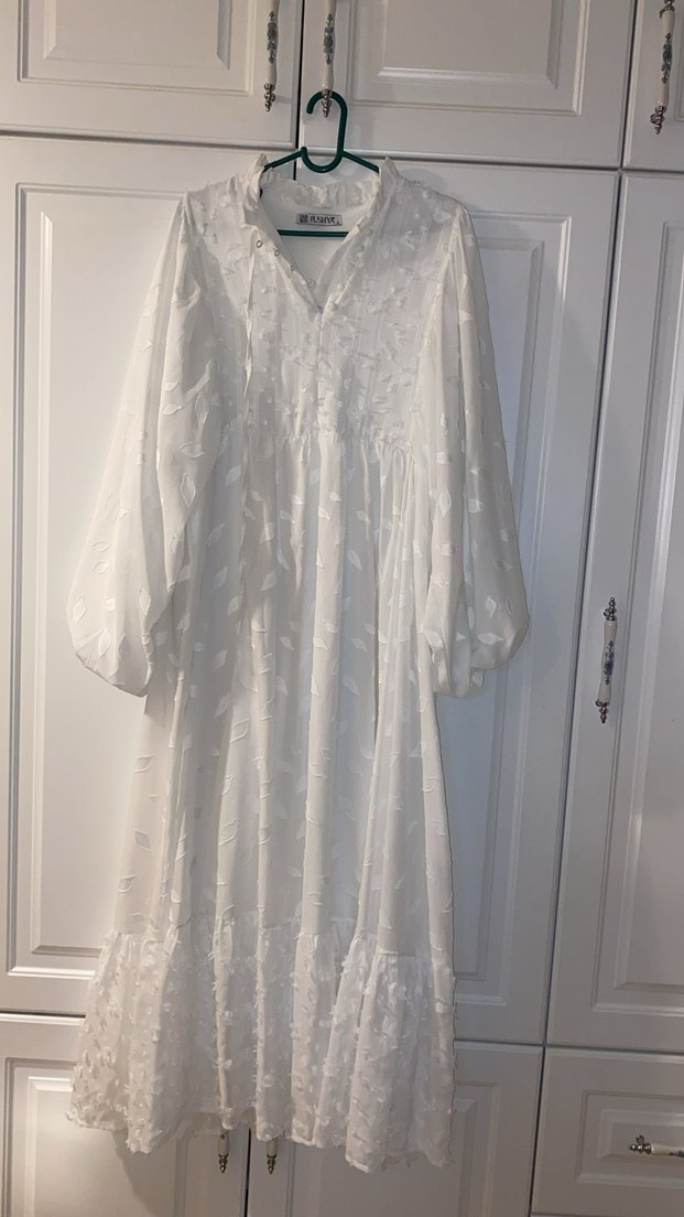 Beyaz Bohem Uzun Keten Elbise - Görsel 5