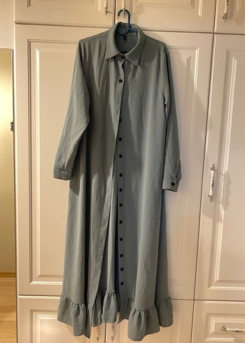 Uzun Gri Keten Düğmeli Elbise - Görsel 6
