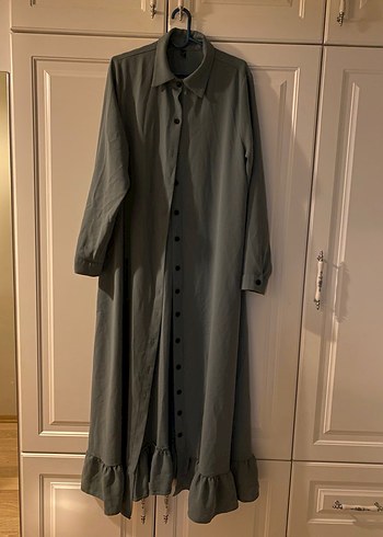Uzun Gri Keten Düğmeli Elbise - Görsel 9