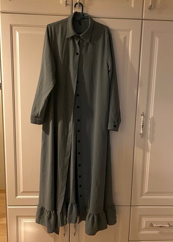 Uzun Gri Keten Düğmeli Elbise - Görsel 10