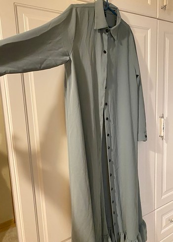 Uzun Gri Keten Düğmeli Elbise - Görsel 3