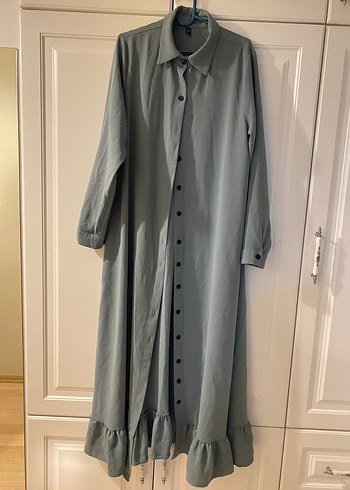 Uzun Gri Keten Düğmeli Elbise - Görsel 8