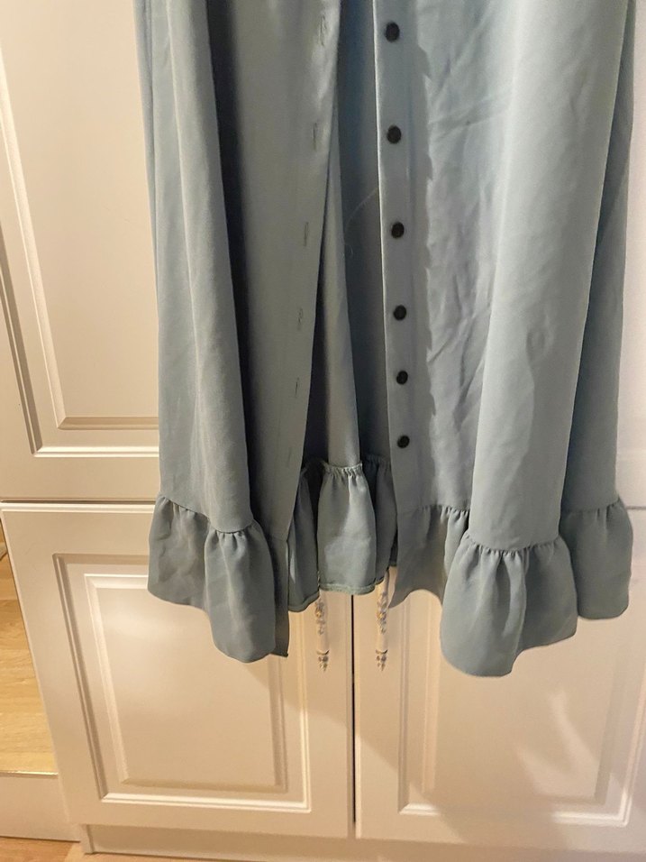 Uzun Gri Keten Düğmeli Elbise - Görsel 2