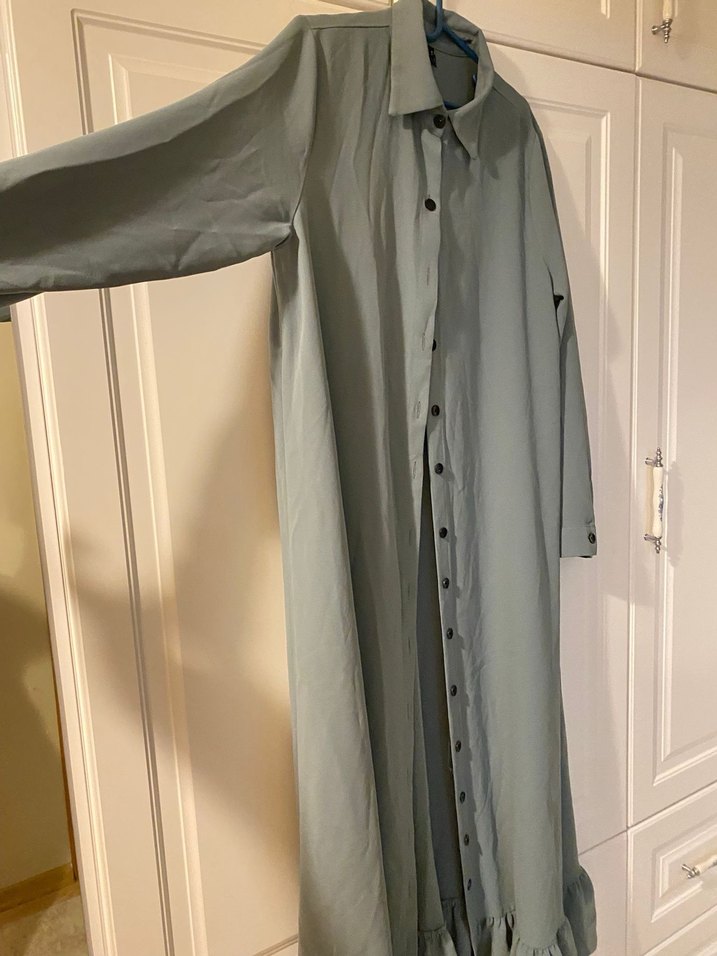 Uzun Gri Keten Düğmeli Elbise - Görsel 3