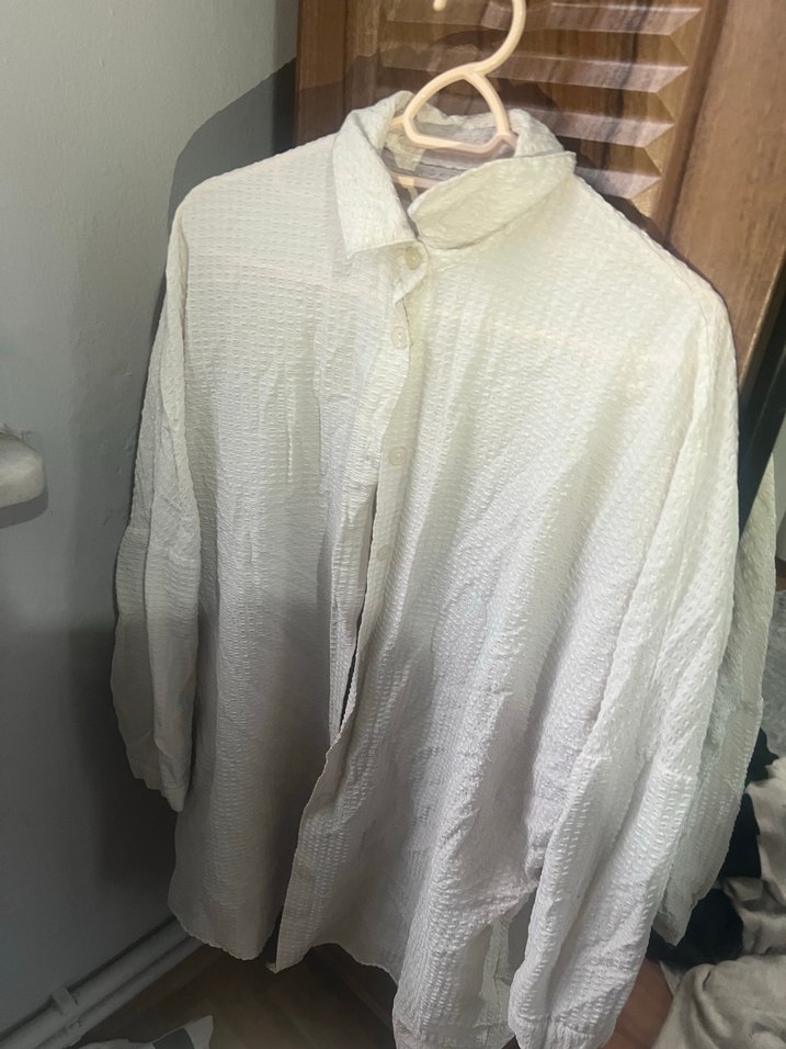 Kadın Beyaz Keten Düğmeli Gömlek - Görsel 2