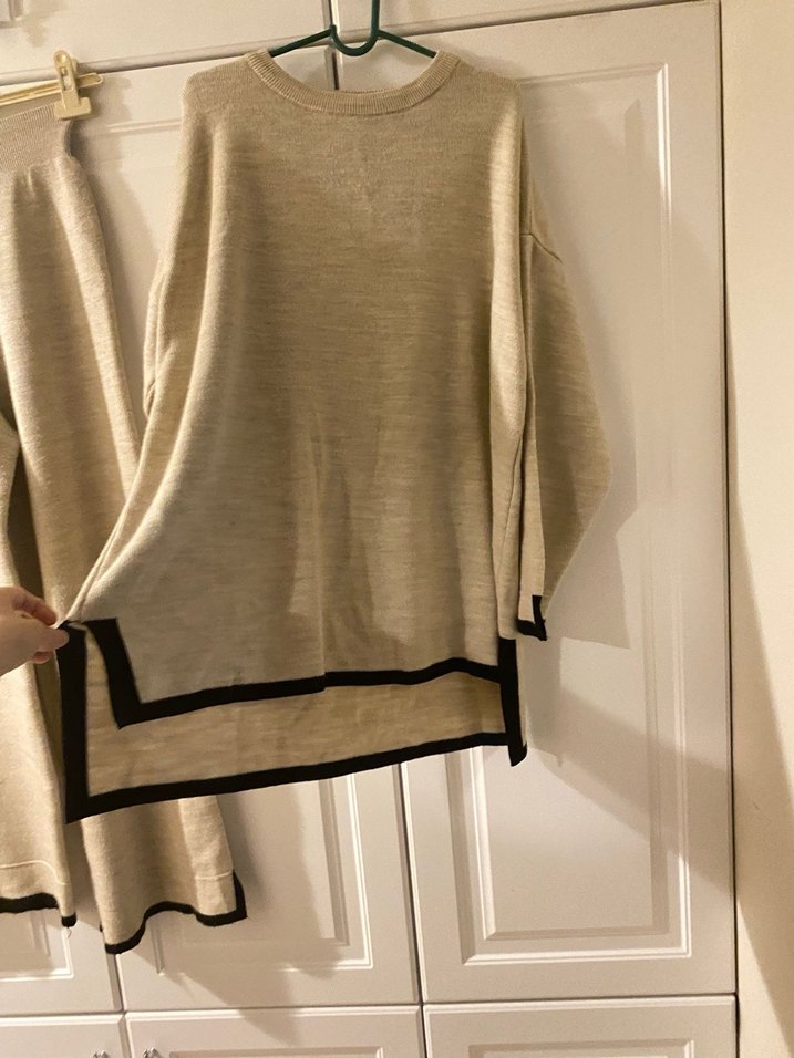 Bej Uzun Kollu Salaş Keten Kadın Kazak - Görsel 5