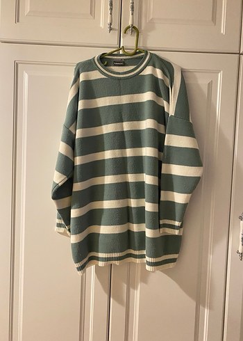 Çizgili Yeşil Gri Triko Kadın Kazak - Görsel 7